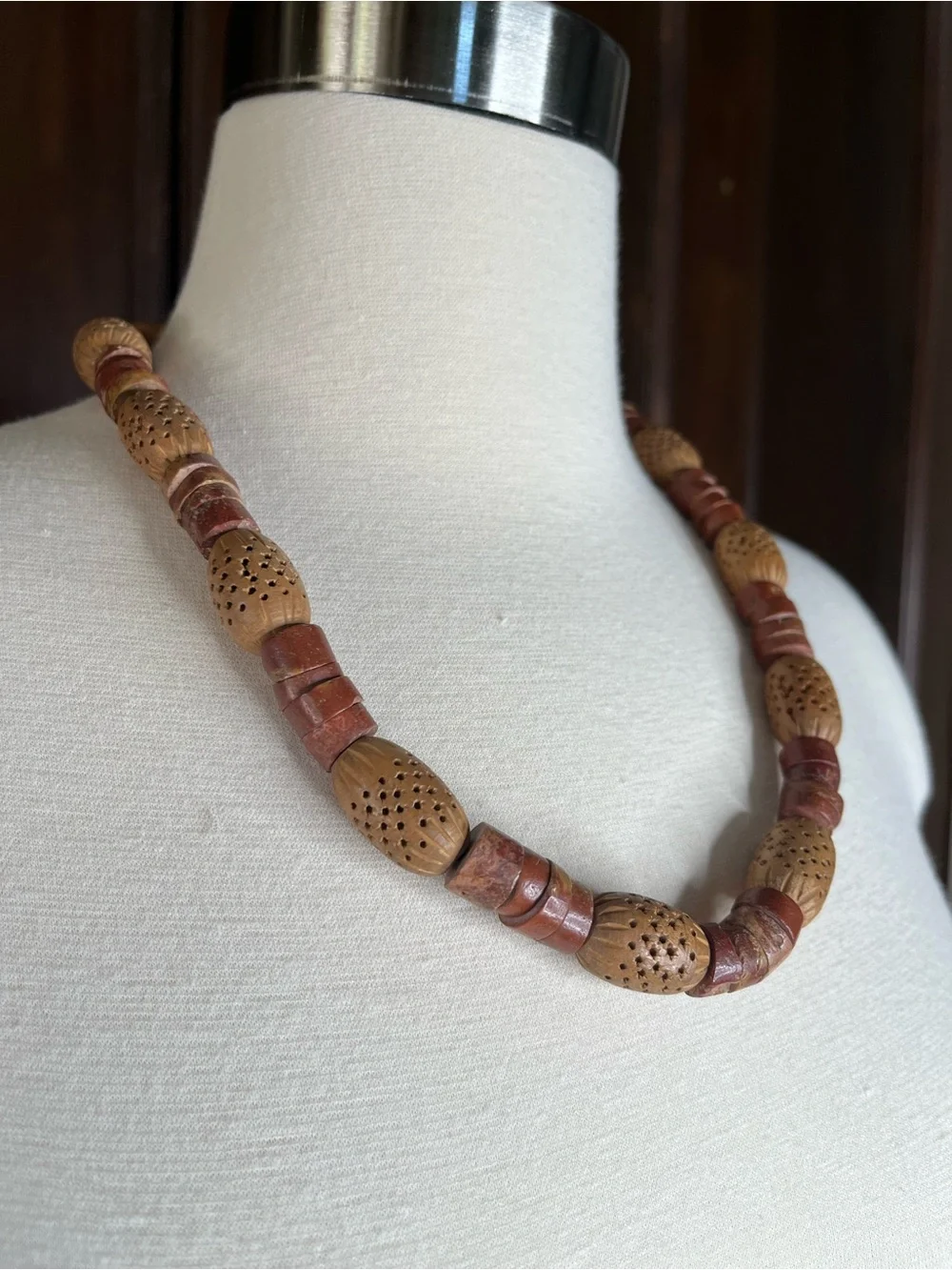Vintage Clay Bead Statement Necklace Chunky Unique Jewelry Tribal Earthy Boho